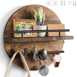 Dxiunove Schlüsselboard Vintage Holz mit Ablage Schlüsselbrett Rund Schlüsselhalter für Zuhause Dekorative Wandmontage Schlüsselbrett mit Vintage Charme(Braun)