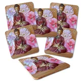 Addies Glas-Untersetzer 6er-Set"Buddha-11", mit Kork-Untermaterial und in schöner Klarsichtbox geliefert