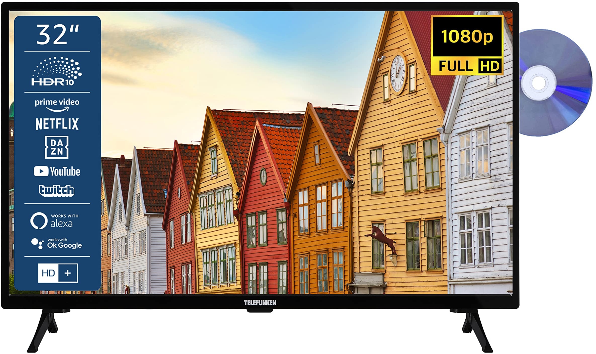 TELEFUNKEN XF32SN550SD 32 Zoll Fernseher/Smart TV (Full HD, HDR, Triple-Tuner, DVD-Player) - Inkl. 6 Monate HD+ [2023], Schwarz