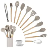 Küchenhelfer Set - 12-teiliges Silikon Küchenutensilien Set mit Besteckbox - Holzgriff-Küchenhelfer, hitzebeständig, antihaftbeschichtet & spülmaschinenfest - Küchenhelfer (Khaki)