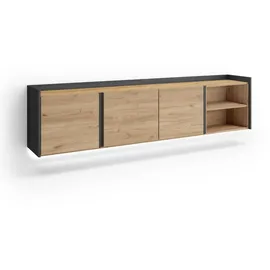 SKRAUT HOME Lowboard 207x50x35 cm Schwarz/Eiche Holzwerkstoff