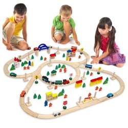 eyepower Spielzeug-Eisenbahn Holzeisenbahn 130 Teile Spielzeug + Zubehör 5m, Eisenbahn-Set 5 Meter Schienen braun