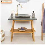 wohnfreuden Waschbeckenunterschrank Teakholz Waschtisch ZEN 80 cm mit Natursteinplatte beige