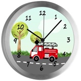 CreaDesign Funkwanduhr Funkuhr, Kinder Wanduhr, Kinderuhr, Kinderzimmer Feuerwehr Landschaft (geräuscharmes Uhrwerk) bunt