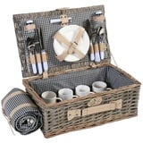 Picknickkorb-Set 4 Personen HWC-B24 Porzellan Edelstahl Weiden-Korb schwarz-weiß