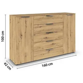 Rauch Möbel Kommode, mit Stauraum für Wohnzimmer, Schlafzimmer, Flur, 4 Fachböden, Eiche Artisan, Holz, 2-türig 5 Schubladen, und Soft-Close-Funktion in zwei Breiten