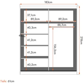 fabryka mebli idźczak Schwebetürenschrank, Weiß Schwarz, Holzwerkstoff, 5 Fächer, Rechteckig, 183x218x61 cm Schlafzimmer, Kleiderschränke, Schwebetürenschränke