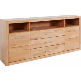 OTTO home Sideboard OTTO HOME "Ribe,180cm breit, Fronten Massivholz,7 Fächer", beige (kernbuche teilmassiv), B:180cm H:80cm T:35cm, Holz teilmassiv, Sideboards, Sideboard, Holz massiv, Holzwerkstoff, Metall Griffe,2Türen,3Schubladen