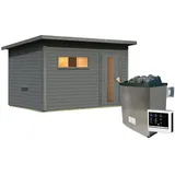 Woodfeeling Karibu Gartensauna Saunahaus Hytti 6 terragrau Energiesparende Saunatür 9 kW Ofen inkl. Steuergerät inkl. 8-teiligem gratis Zubehörpaket (Gesamtwert 191,92€)