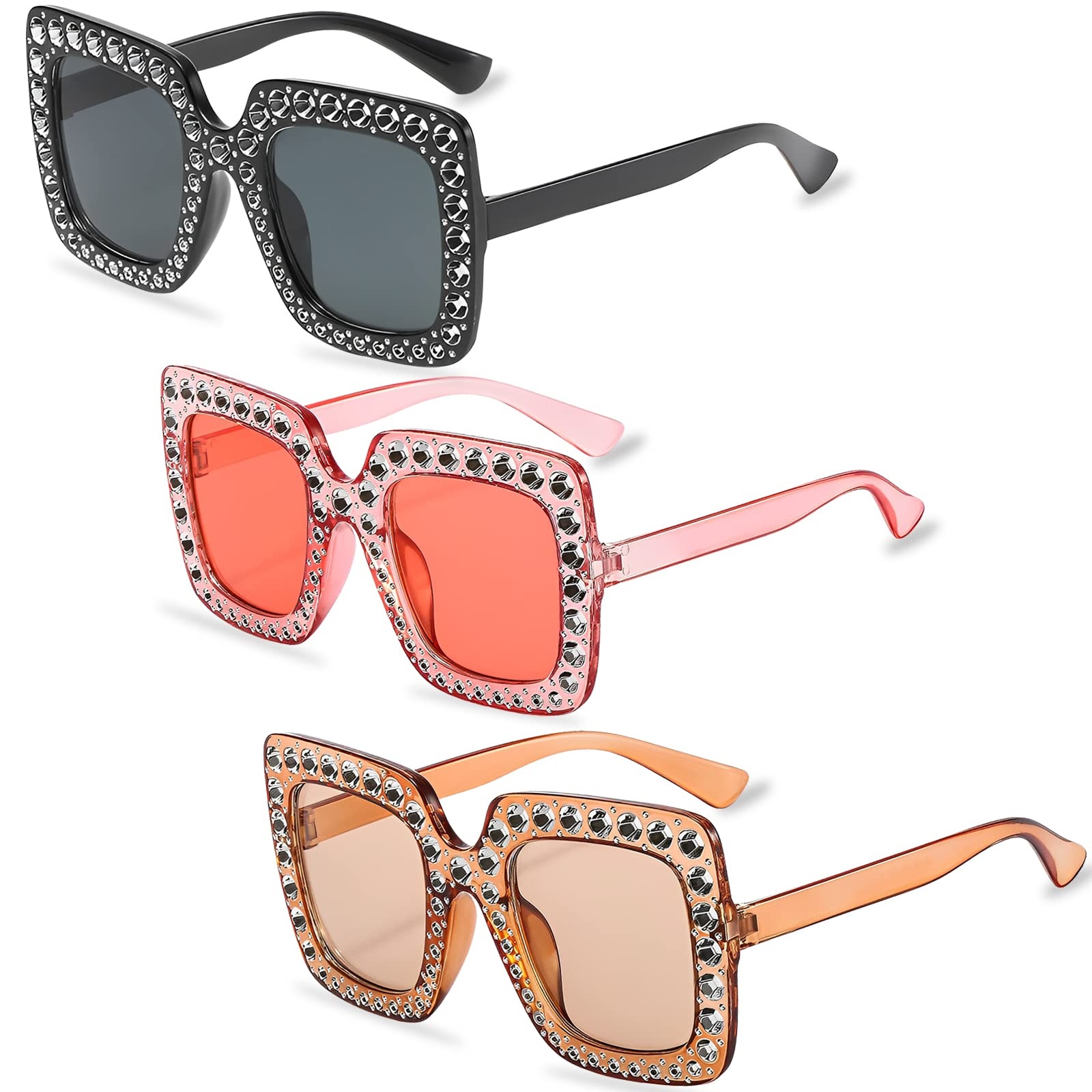 3 Stück Vintage Rechteckige Sonnenbrille, Unisex Trendige Retro Brille mit Großer Rahmen Sonnenbrille für Damen Herren Einkaufen Reisen Sommer Strand Party Zubehör - Einheitsgröße