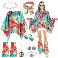 AOOWU Damen Hippie Kostüm, 10 Stück Vintage Stil 60er 70er Jahre Hippie Zubehör mit Brille Stirnband Jahre mit Abdeckungen Karneval Kostüm Halloween
