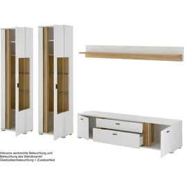 Home Affaire Wohnwand HOME AFFAIRE "LONG ISLAND", weiß (weiß, eiche), B:330cm H:200cm T:42cm, Holzwerkstoff, Kastenmöbel-Sets, Wohnwand, in moderner Trendfarbe,inklusive senkrechter Beleuchtung,Breite 330 cm