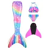 Pyjacos meerjungfrauenflosse mädchen Badeanzug - Meerjungfrau Flosse Bademode mit Bikini Set und Monoflosse Mermaid Tail, 4 Stück Set,pinkseM9-110