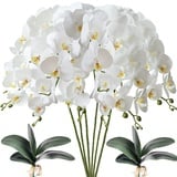 FagusHome 6 Stück künstliche Phalaenopsis Orchideen Blumen Weiß mit 2 Bündeln Künstliche Orchidee Blätter für Deko