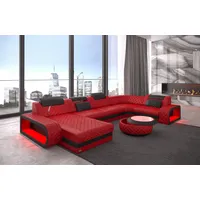 Sofa Dreams Wohnlandschaft Ledercouch Sofa Leder Berlin U Form Ledersofa, Couch, mit LED, wahlweise mit Bettfunktion als Schlafsofa, Designersofa rot|schwarz