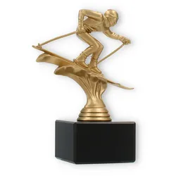 Pokal Kunststofffigur Ski Abfahrt goldmetallic auf schwarzem Marmorsockel 15,6cm