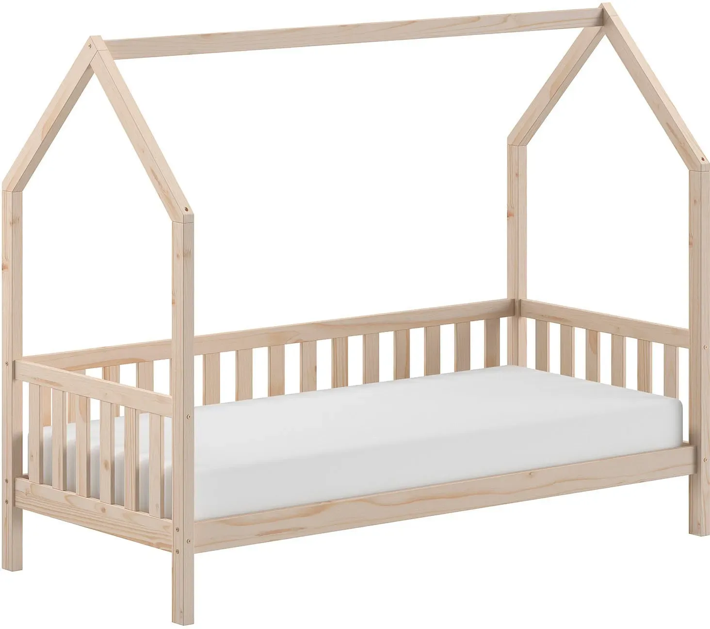 Hausbett VIPACK "aus massiver Kiefer, natur oder weiß lackiert, stabil gebaut", beige (natur, natur, natur), B:98cm H:169cm L:208cm, Betten, 90/200 inkl. Rolllattenrost, Sprossenumrandung u. Dachaufbau