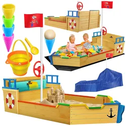 KIDIZ® Sandkasten Ahoi - Piratenschiff Boot Segelschiff aus Holz Inkl. Abdeckung, Bodenplane, Sitzbank, Flaggenmast, Sandspielzeug    Große Kinder Sandkiste für den Garten   Outdoor Sandbox