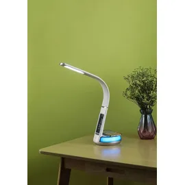 NORTHPOINT LED Schreibtischlampe Tischlampe Leder Optik drahtlose QI-Ladestation Wecker Dimmbar Warmweiß Kaltweiß Mood Beleuchtung Uhr Temperaturanzeige Weiß