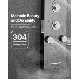 Vevor Duschpaneel-Turmsystem (6 in 1) mit Regenwasserfall-Duschkopf & LED, (1345 mm) Duschsäule aus gebürstetem Edelstahl, - Schwarz