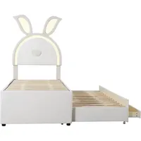 Beige Kinderbett Polsterbett 90x200cm (Ohne Matratze) Samtstoff Einzelbett-Schlafsofa mit ausziehbarem Bett Stauraumschublade und farbwechselndem LED - Beige