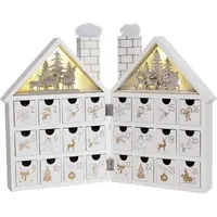 Adventskalender Holzhaus mit 24 Schubladen LED Winterwald Weiß