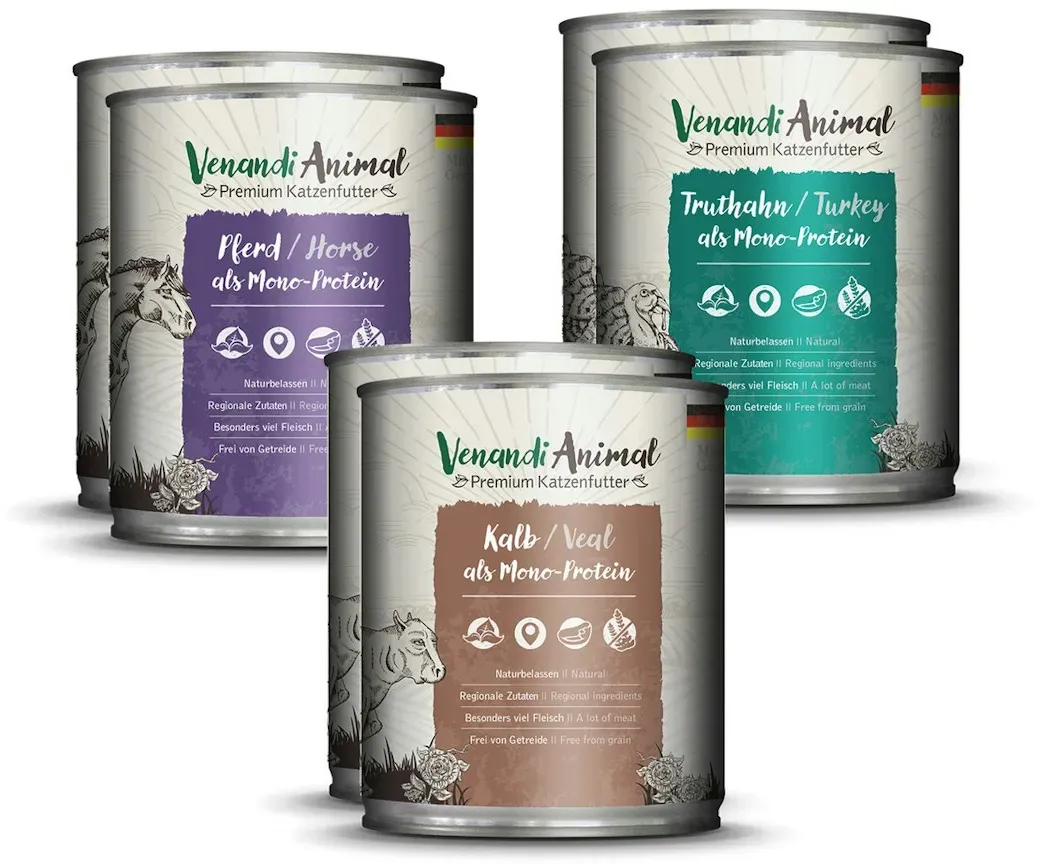 Venandi Animal 6x800g Mix-Paket Katzennassfutter Pferd/Kalb/Truthahn