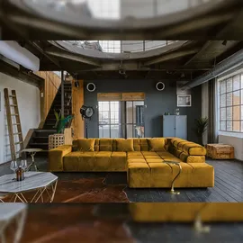 KAWOLA Sofa NEVADA Ecksofa Velvet curry Recamiere rechts mit motorischem Sitzvorzug