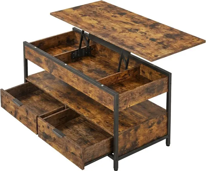 Ochama Couchtisch mit anhebbarer Tischplatte und verstecktem Stauraum, Rustikales Braun, Holz- und Metallgestell, höhenverstellbar 48–62 cm, 100 x 50 cm, inklusive Geheimfach und Schubladen für das Wohnzimmer