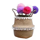 Szetosy Aufbewahrungskorb aus natürlichem Seegras - Seegras Bauchnabelkorb mit Bommel,faltbar, mit Griff für Wäsche, Pflanzgefäße, Kinderzimmer,Style#5, 27x24cm