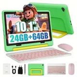 BUFO Android 16 10-Zoll, 24(3+21) GB RAM + 64 GB ROM (TF Expand 1TB) Kinder Tablet (10", 64 GB, Android 16, WiFi 6, Android 16 HD 1280x800 Lernen durch Spielen mit Tastatur/Stift/Maus) grün|rosa