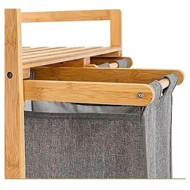 Costway Wäschekorb 2 Fächer, mit 2 ausziehbaren Wäschesäcken, Wäschesammler mit Ablage, Wäschesortierer Bambus für Bad, Wohnzimmer und Schlafzimmer (Weiß)