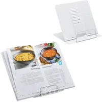 Relaxdays Buchständer, 2er Set, höhenverstellbar, Kochbuchhalter mit Klemme, Küche, Stahl, weiß