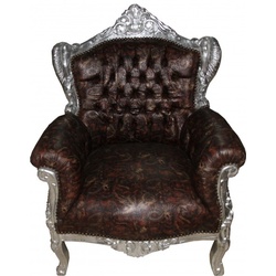 Casa Padrino Barock Sessel Lord Braun/Silber Lederoptik mit Drachenmotiv - Antik Stil