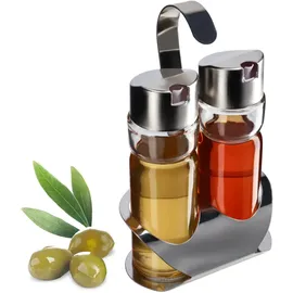 Kadax Öl und Essig Spender Set mit Ständer Glasbehälter Metall Silber