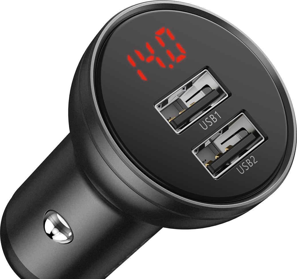 Baseus Digital Display Dual USB 4.8A Car Charger 24W Grey, Auto Adapter, Grau, Schwarz