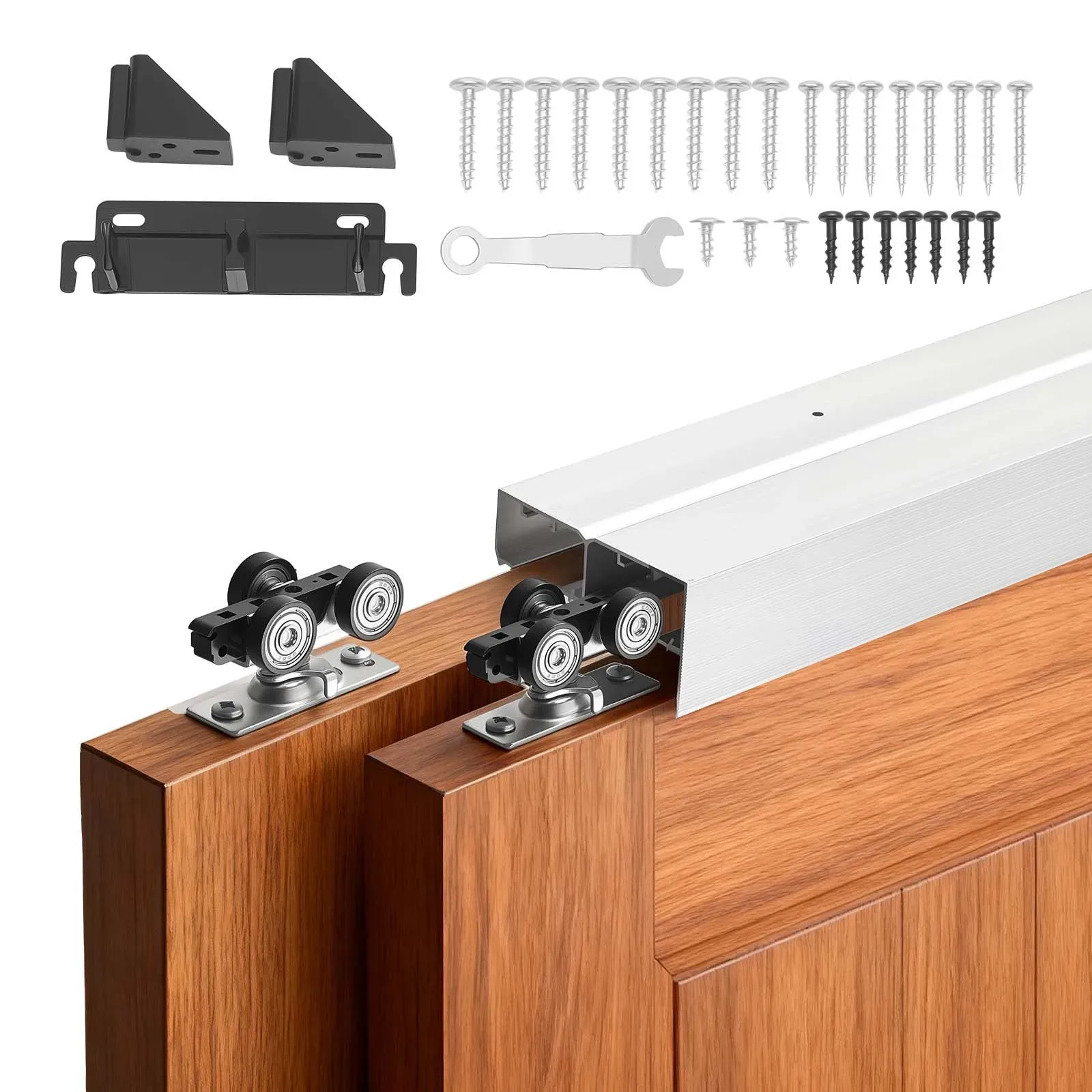 VEVOR Schiebetürbeschlag-Set 1219 mm, Doppelschiebetürschiene aus Aluminiumlegierung, 2-türiges Schiebetürsystem für Einzeltüren (25–45 mm Dicke / 610 mm Breite), Leichtgängig & Leise