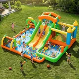 FOOING Große aufblasbare Wasserrutsche mit 2 Rutschen und Planschbecken für Kinder – Hüpfburg mit Zwei Bahnen für Garten- und Hinterhofpartys, Sommerspaß im Freien, 950-W-Gebläse
