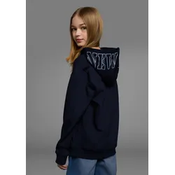 Kapuzensweatshirt KIDSWORLD "Hoodie mit Print auf der Kapuze", Mädchen, Gr. 176/182, blau (marine), Sweatware, Obermaterial: 100% Baumwolle, bedruckt, Basic, weit hüftlang, Langarm Bündchen, Sweatshirts, Langarm, weite Passform, stylischer Druck, Basic-Stil