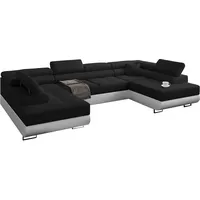 Ecksofa Miami U mit Schlaffunktion, Freistehend schlafsofa, Schlafsofa mit bettfunktion, U Form Couch, Ecksofa mit Bettkasten, 338 x 203 cm (Schwarz + Weißer Kunstleder -EKO)