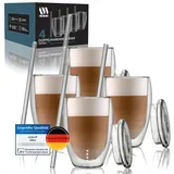 ANWA® 4 Doppelwandige Thermogläser (350ml Volumen) inkl. 4 Deckel & 4 Glasstrohhalme - Kaffeegläser - Cappuccino Gläser - Latte Macchiato Gläser