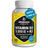 Vitamaze® Vitamin D3 K2 hochdosiert (1+ Jahre) 5000 IE Vitamin D3 + 100 mcg Vitamin K2 MK7 All Trans, 180 Tabletten Vitamin D ohne unnötige Zusatzstoffe, in Deutschland hergestellt