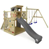 Wickey Spielturm Smart Camp mit Schaukel & Rutsche, Baumhaus mit Sandkasten, Kletterleiter & Spiel-Zubehör - anthrazit - Wickey