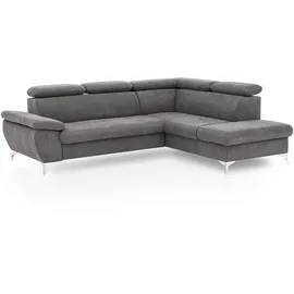 Mivano Livetastic Ecksofa Gisele / Eckcouch mit Schlaffunktion, Stauraum, Armteilfunktion und Kopfteilverstellung / 256 x 83 x 209 / Velours, Dunkelgrau