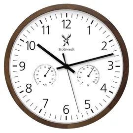 Holzwerk Wanduhr Hygrometer & Thermometer Loft Designer Holz Wand Uhr (Nahezu lautloses Uhrwerk, analog, 30 cm) braun