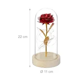 Relaxdays Ewige Rose im Glas, mit LED-Beleuchtung, Kunstrose als Mutter-, Jahres- oder Valentinstaggeschenk, rot/gold