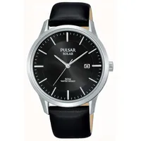 Pulsar Solar Silver Stainless Steel Case Black Leather Strap Uni Watch PX3163X1 40mm
