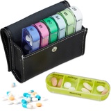 Relaxdays Tablettenbox, 7 Tage, 4 Fächer, BPA-freier Kunststoff, Tablettendose mit Tasche, Reise Medikamentenbox, bunt