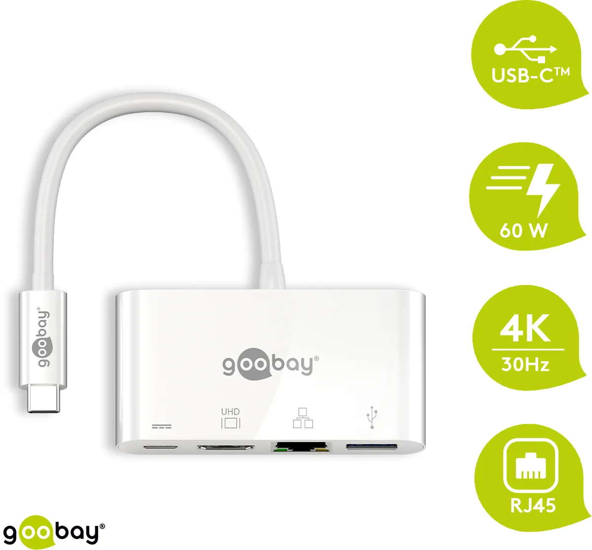 Goobay USB-CTM Multiport-Adapter HDMI+Ethernet, PD, weiß - erweitert ein USB-CTM Gerät um einen Ethernet-, einen HDMITM- und einen USB 3.0