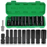 Nutmanel 11tlg Schlagschrauber Nüsse 1/2", Lange Nussensatz 10,12,13,14,16,17,19,22,24,Steckschlüsselsatz Mit Stecknuss Adapter und Verlängerungsstange, Stecknuss Set für Auto Reifenwechsel